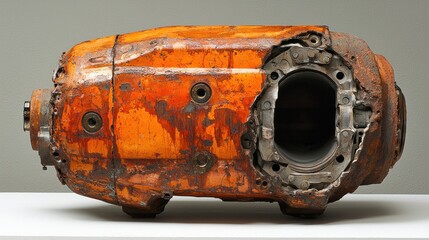 Rusted orange metallic object, possibly a damaged industrial component, showing significant wear and tear.  A section is broken open, revealing internal machinery