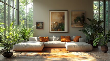 Modern Living Room Mockup with Beige Sectional Sofa, Orange Pillows, Indoor Plants, and Framed Wall Art – Cozy Interior Design Showcase

