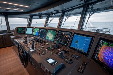 The interior of a ship's bridge is filled with multiple screens displaying navigational maps and data. The setting is serene, with the ocean visible through large windows