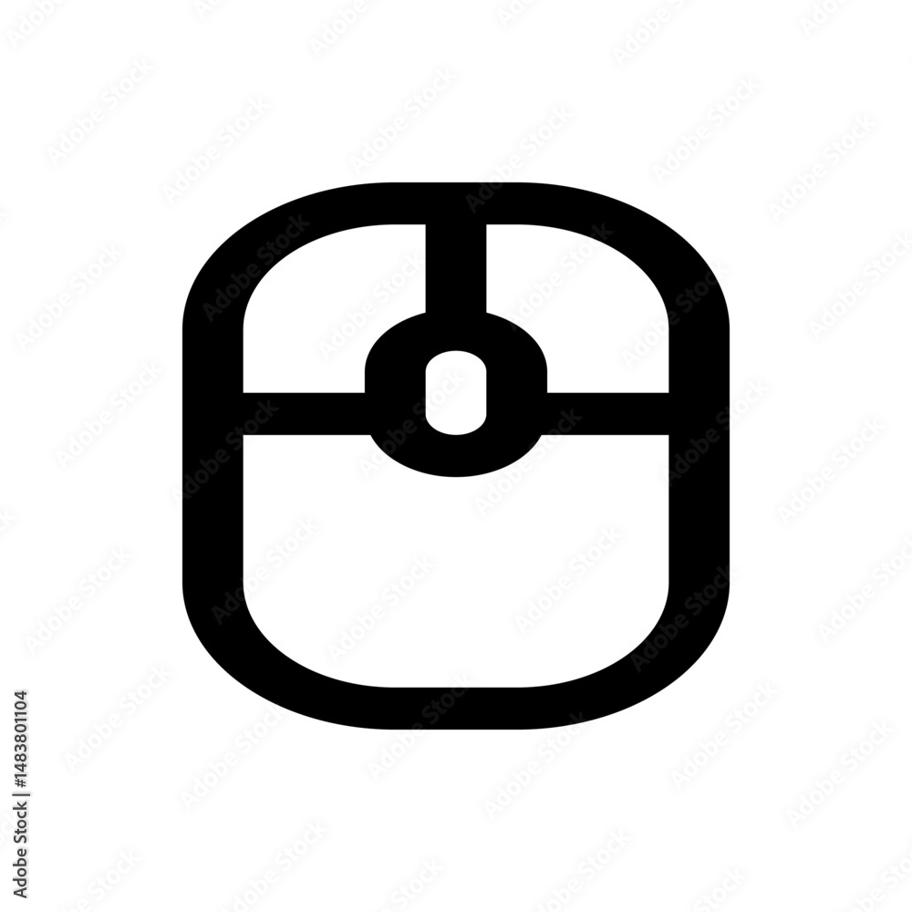 Poster illustration of a simple black computer mouse with a scroll wheel and rounded rectangular shape desi