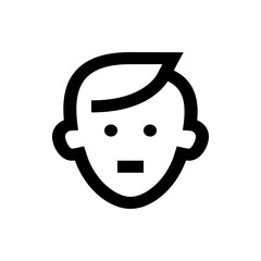 Illustration of a simple face with short hair, two eyes, ears, and a mouth represented by a rectangle