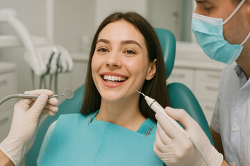 Woman getting a dental checkup from a dentist in a dental chair.