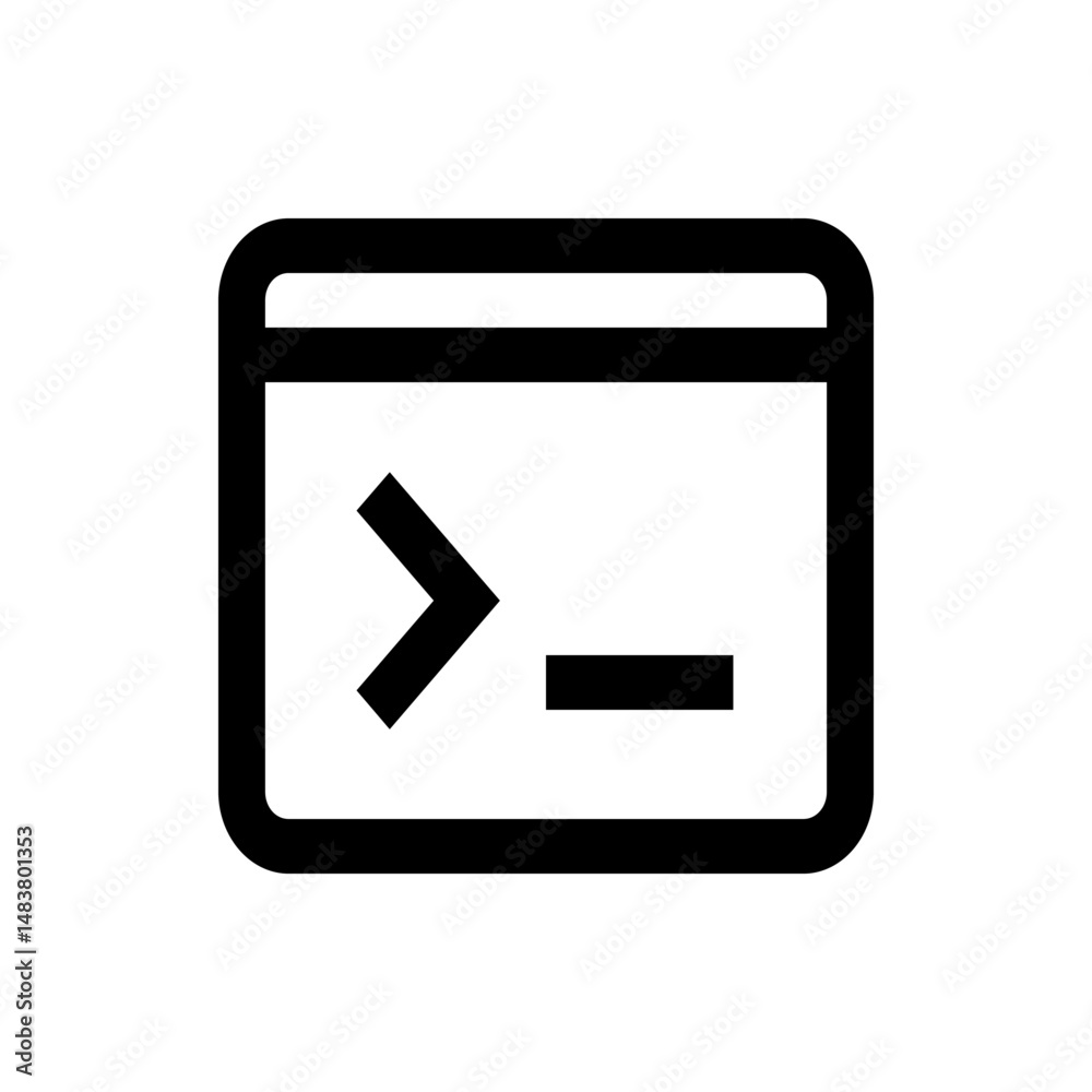 Poster a simple outline drawing of a terminal window with a command prompt symbol on a white background vie