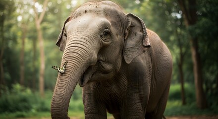 Fototapeta premium Elephant and Butterfly in Tropical Forest