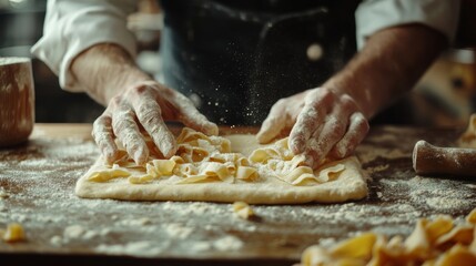 Homemade pasta preparation with chef's hands rolling out dough in a cozy kitchen setting