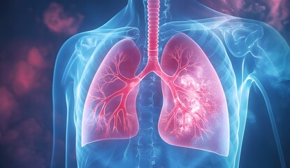 A detailed glowing 3D illustration of human lungs with respiratory system in a futuristic medical science concept