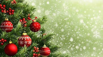 Festive Christmas Tree Branch with Red Ornaments and Snowflakes