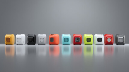 Colorful modern gadgets lined up creatively on a reflective surface.