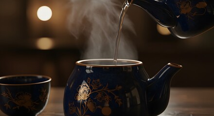 Pouring Hot Water into a Beautiful Blue Teapot A Moment of Tranquility