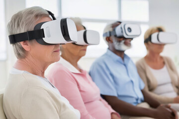 Group therapy session for elderly patients using virtual reality technology. Seniors of diverse ethnicities wearing VR headsets sitting in Rehabilitation center Adult day care center, nursing home