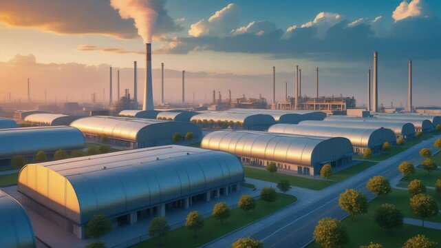 A modern industrial complex featuring rows of metal warehouses surrounded by greenery, with smokestacks emitting smoke in the background under a colorful sunset sky.