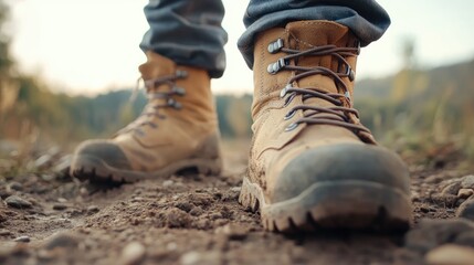 Work boots on a dirt path footwear for outdoor adventure and travel