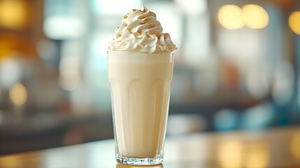 A classic Batido de Vainilla, Vanilla Milkshake, rich and creamy with whipped cream on top, served in a tall, retro-style glass