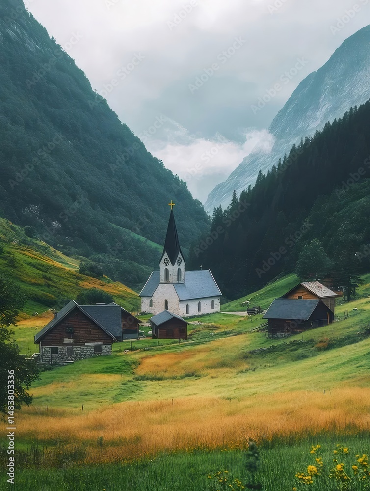 Poster オーストリアの山間にある白と青の教会の風景 黄金色の野原と木々に囲まれた山間の村の教会 緑豊かな斜面と曇り空のドラマチックな背景