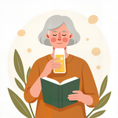 Content elderly woman enjoying a drink while reading a book, minimalistic style, warm colors, representing relaxation and leisure, concept of wellness, library, gourmet caf&eacute;.