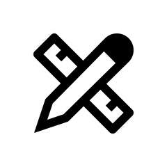 Black and white icon showing a pencil crossing over a ruler in a simple and elegant design style icon