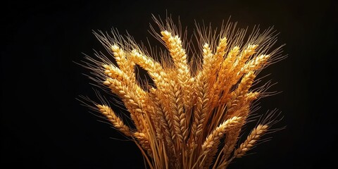 Bouquet of Golden Wheat Ears Against a Dark Background