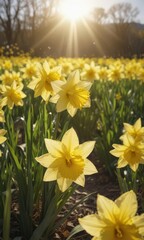 Obraz premium Close-up of glistening daffodil petals, vibrant yellow blooms in a sun-drenched field , flowers, image, nature