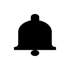 A simple black silhouette of a bell with a clapper hanging below, isolated on a white background view image