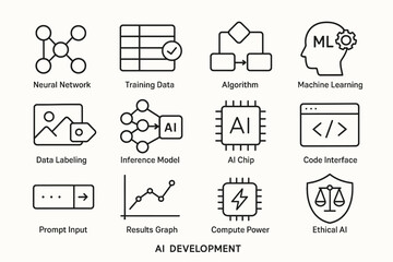Ai development elements: neural networks, machine learning, ethical ai icons