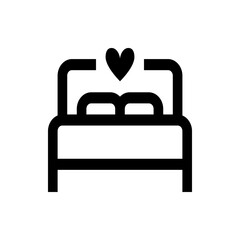 Illustration of a bed with two pillows and a heart above it in black and white simple vector design