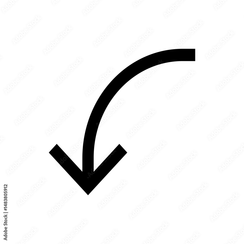 Poster black curved arrow pointing downwards indicating direction or navigation with a simple and clean des