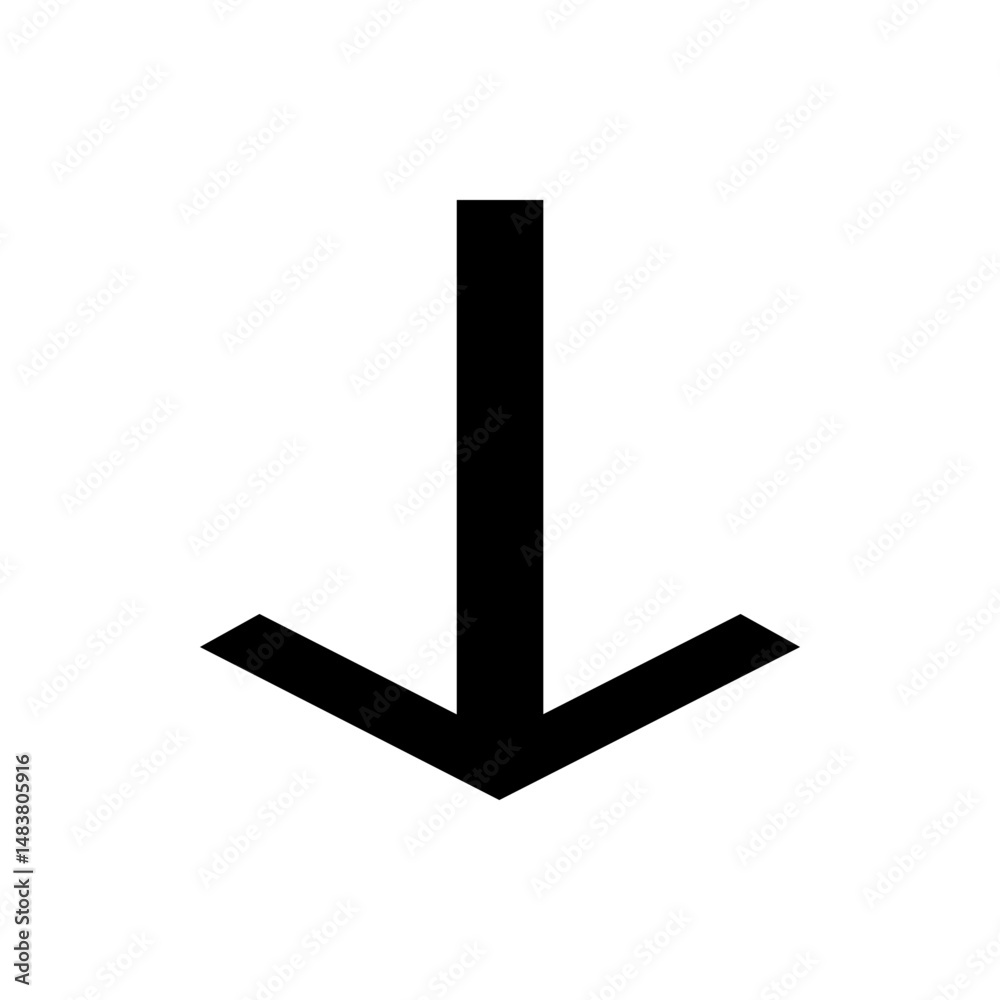 Poster a simple black arrow pointing downwards on a white background indicating direction or navigation ele