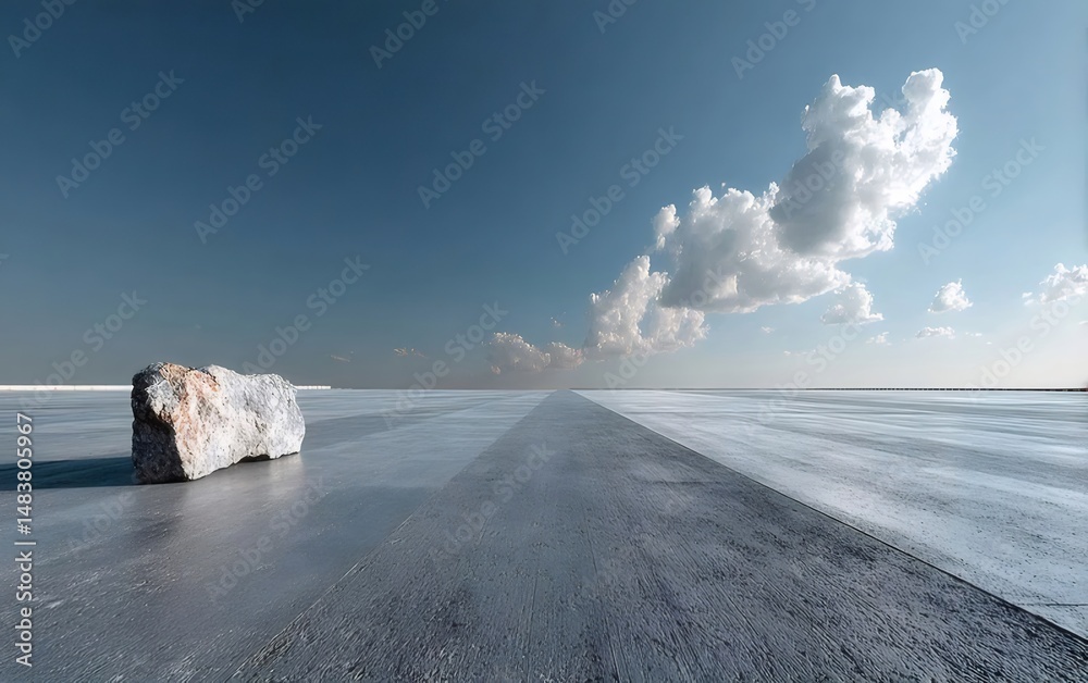 Poster 青い空に白い雲と石が点在する水面の風景 静かで穏やかな抽象的な背景のイメージ