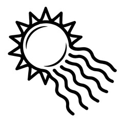 Black Outline Stylized Sun with Heat Waves. Graphic Element Vector Icon Representing Weather, Light, or Summer.