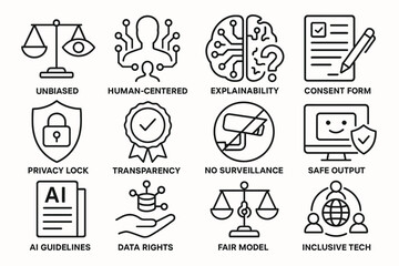 Ethical ai icons: unbiased, human-centered, explainability, privacy, transparency, inclusive technology