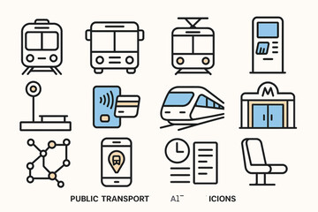 Public transport icons set featuring trains, buses, and metro symbols