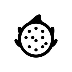 Illustration of a black and white dragon fruit with black seeds and spiky outer layer, simple design