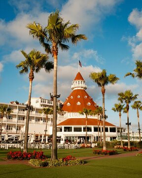 Palm trees and Hotel del Coronado, in Coronado, San Diego, California