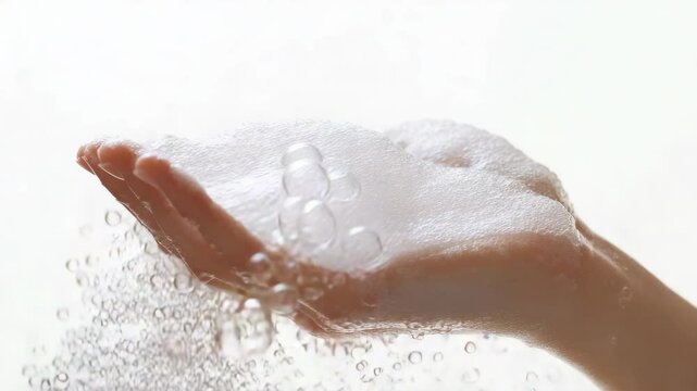 A hand is holding a spray bottle of soap, and the soap is being sprayed out of the bottle