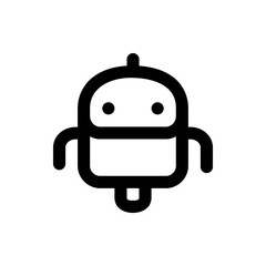Illustration of a stylized robot with rounded features and simple geometric shapes in black and white