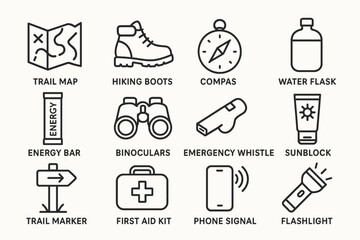 Essential hiking gear: map, compass, boots, water flask, and more