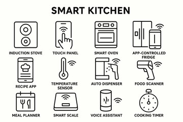 Smart kitchen gadgets: induction stove, touch panel, smart oven, app-controlled fridge