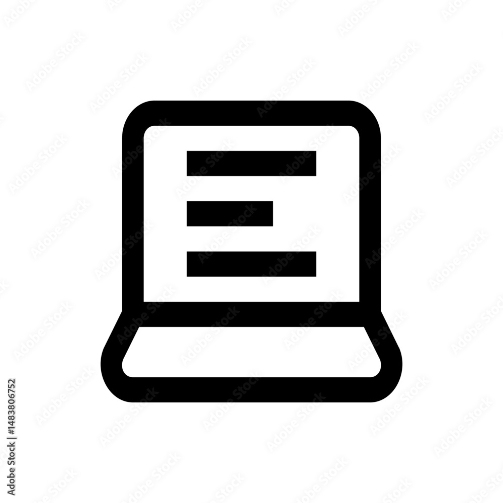 Poster a simple black and white line drawing of a laptop with text lines on the screen displaying content v