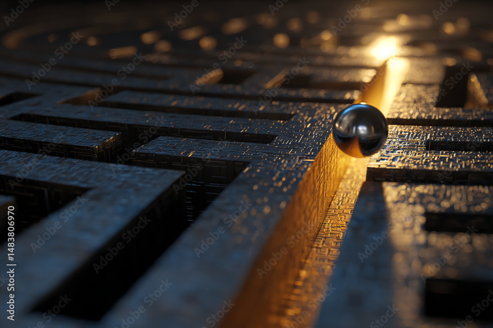 Poster metal sphere in illuminated maze path, representing problem-solving, finding solution, and path to s