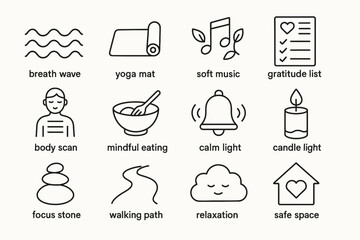Mindfulness icons: yoga, meditation, relaxation, gratitude, calm light, focus