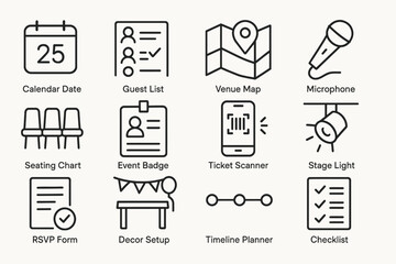 Event planning icons: calendar, guest list, venue map, microphone, seating, badge