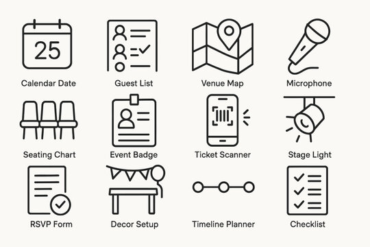 Event planning icons: calendar, guest list, venue map, microphone, seating, badge