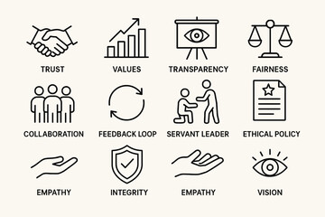 Business ethics and leadership principles illustrated with 12 motivational icons