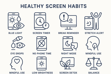 Infographic on healthy screen habits with icons and tips