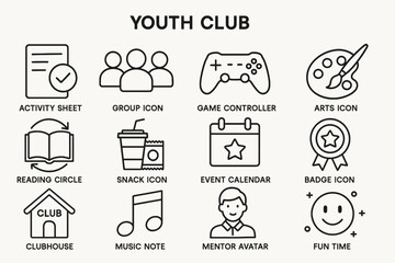 Youth club icons featuring activities and events for teens and young adults