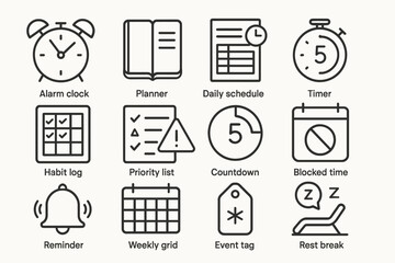 Time management icons: alarm, planner, schedule, timer, reminder, countdown, event