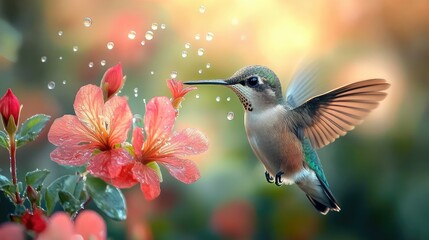 Obraz premium Hummingbird in flight, feeding on blossoms