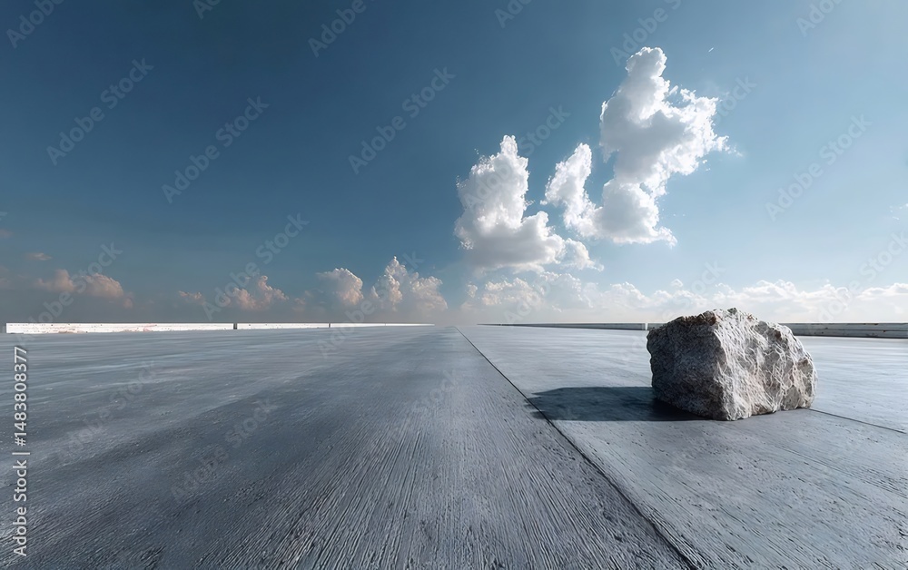 Poster 広大なコンクリートの表面とモザイク状の岩が点在する青い空と雲の風景 ミニマルな環境でダイナミックな視点の構成されたイメージ