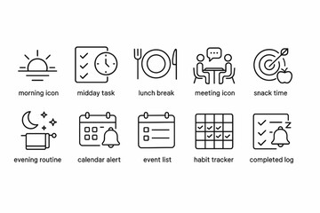 Daily routine icons set: morning, tasks, breaks, meetings, and habit tracker