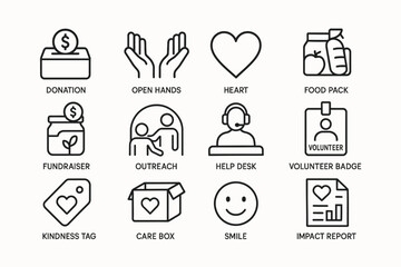 Charity icon set featuring donation, outreach, and volunteer symbols